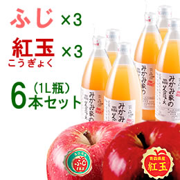 みかみ家のりんごジュース6本セット[紅玉×3、ふじ×3][1L]